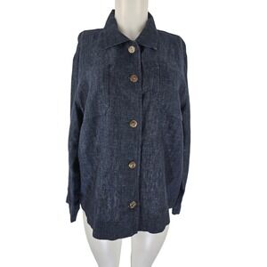 Chico's Design Blue 100% Linen Long Sleeve 2 Chest Pocket Blouse 3 - L